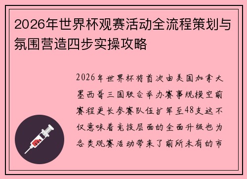 2026年世界杯观赛活动全流程策划与氛围营造四步实操攻略